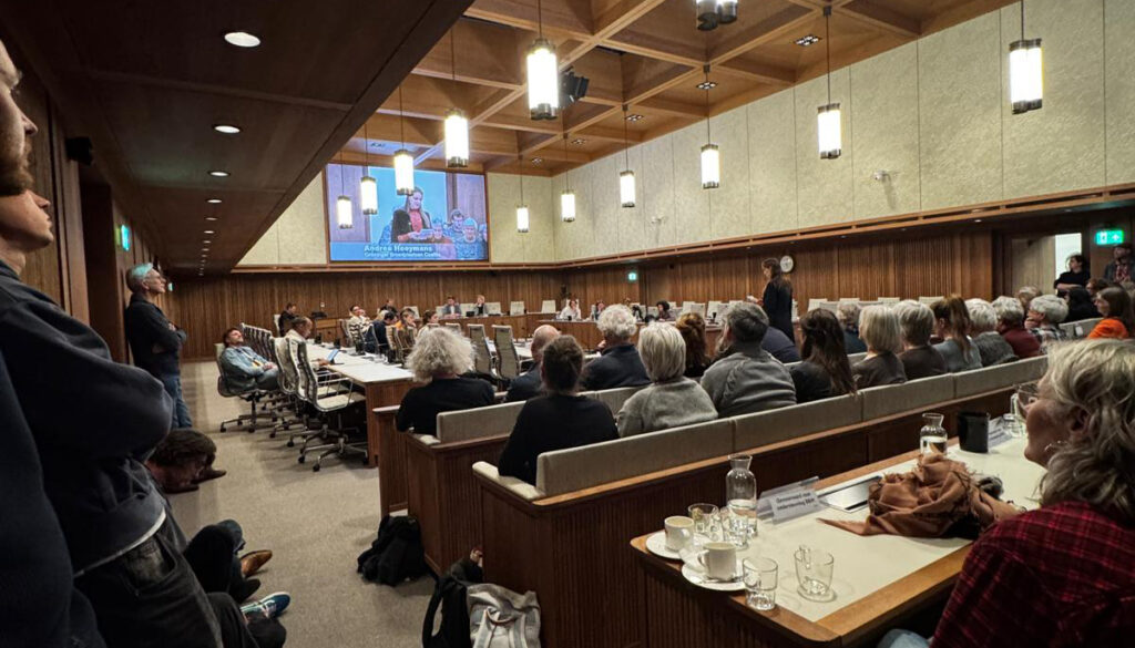Voorzitter van Biotoopvereniging Andrea Hooymans, houdt een speech tijdens de inspraakronde 'Toekomst van de Biotoop' in de Raadszaal Groningen in januari 2026.